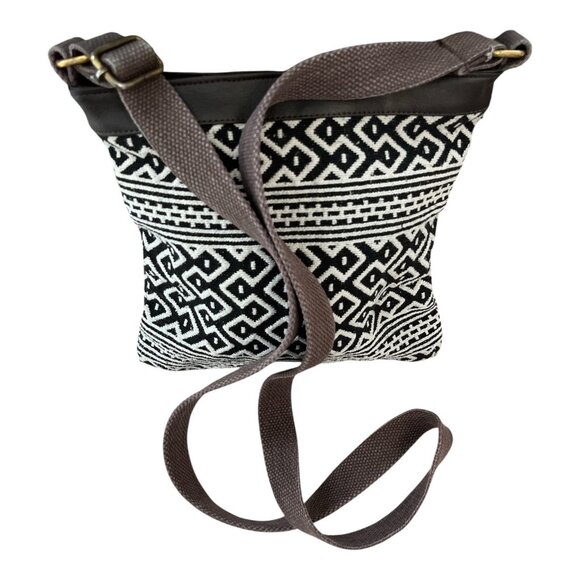 Quagga Black & White Boho Crossbody Bag – Woven Tribal Pattern, 9"x9" - Picture 2 of 4